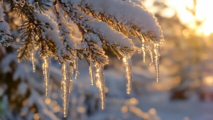 Icicles hanging from snowy branches at winter sunset - Powered by Adobe