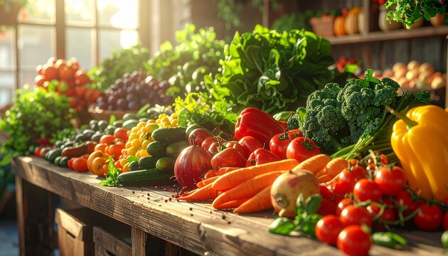 mostrador de mercado agr&iacute;cola lleno de verduras frescas, frutas coloridas y hierbas arom&aacute;ticas. Tomates, zanahorias, calabacines, pimientos, manzanas, uvas y hierbas como albahaca y perejil dispuestos