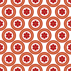 Elegant Seamless Red Peony Floral Pattern in Ornate Gold Circles on Deep Crimson Background – Traditional Asian Motif for Luxurious Design Projects