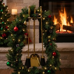 Golden fireplace tools with Christmas wreath and glowing garland near burning fireplace and Christmas tree