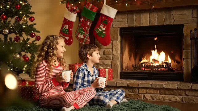 Children in pajamas sit by the fireplace, drinking hot cocoa, surrounded by christmas decorations, creating a warm and cozy holiday atmosphere.