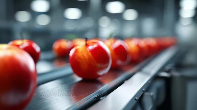 Red apples on a conveyor belt in a fruit processing/packing plant.