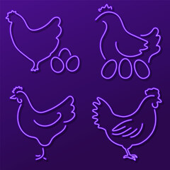 chicken group of neon icons, vector illustration on black background.