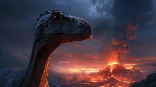 A long-necked dinosaur in the foreground watches a volcanic eruption spewing lava and smoke in the distance at sunset.