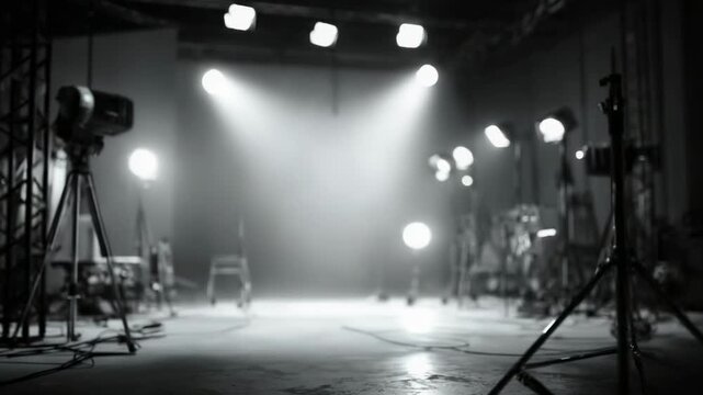 A black-and-white photography studio with bright studio lights, tripods, and stands set up for a shoot.