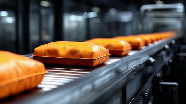Orange packaged bread loaves moving along a bakery conveyor belt.