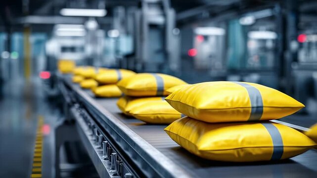 Rows of yellow sacks with gray stripes on a conveyor belt in a warehouse packing line.