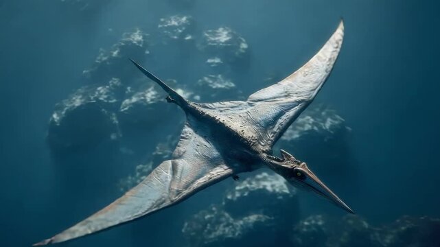 A pterosaur, a prehistoric flying reptile, gliding over the blue ocean.