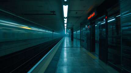 Empty subway station in soft diffused light, cinematic long exposure highlights glowing signage reflections, cold industrial color palette conveys quiet melancholy, minimalist composition