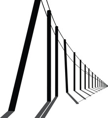 Tall utility poles with perspective depth, electrical wires stretching into distance, strong shadows on ground, industrial infrastructure, vanishing point composition