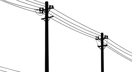 Utility poles with power lines, electricity distribution infrastructure, silhouetted wooden poles, crossarms and insulators, urban energy supply, electrical engineering,