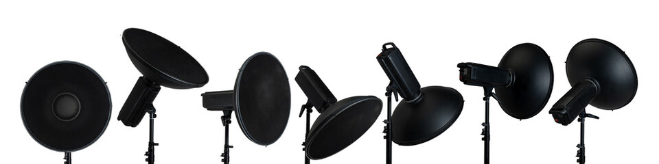 Collection set of professional studio lighting equipment isolated over a white background
