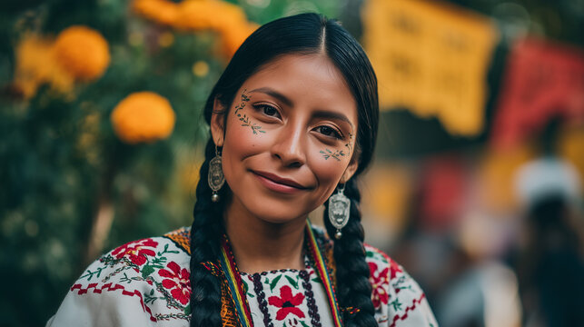 Smiling Woman In Traditional Dress Surrounded By Marigold Flowers Celebrating Ancestors During Xantolo Huasteca Festival In Mexico Honoring Day Of The Dead Traditions