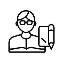 Fototapeta premium Stylized line art icon of a person wearing glasses holding a pencil and open book