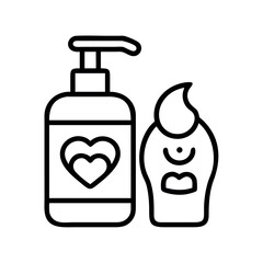 Line art of a pump bottle with a heart symbol and a doll shaped dispenser