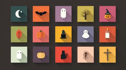 Halloween icons and symbols graphic design elements festive atmosphere colorful background flat lay view seasonal concept