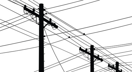 Utility poles with overhead power lines, urban electricity infrastructure, silhouetted cables, industrial energy distribution, complex wire network, city power grid, electrical transmission