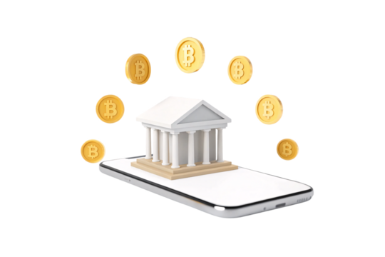 Smartphone with classical bank building and orbiting bitcoin coins representing cryptocurrency and traditional finance intersection in fintech, isolated on a transparent background