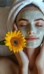 woman with her eyes closed, wearing towels on her head, facial mask her face