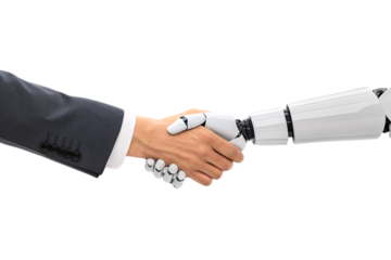 Human hand and robotic hand shaking demonstrating AI partnership, technological collaboration, and future business cooperation concept, isolated on a transparent background