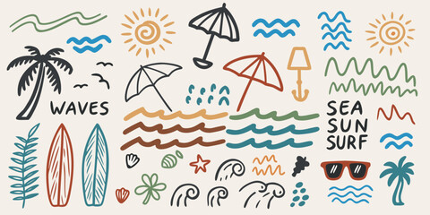 Hand drawn summer beach elements with palm trees waves sun umbrellas surfboards and sunglasses
