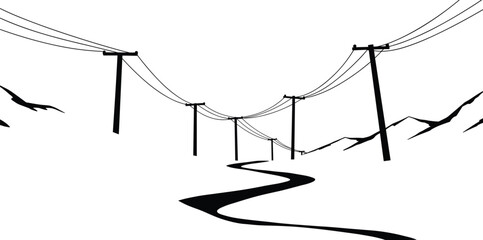 Minimalist black and white illustration of winding rural road with utility poles, power lines, mountains, birds in sky, scenic landscape travel journey artwork design