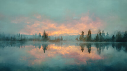 Fototapeta premium Calm lake at dusk soft pastel reflections painterly