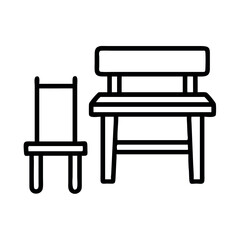 Simple line art icon depicting a single chair and a bench side by side