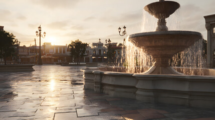 City fountain with soft sunset light empty plaza