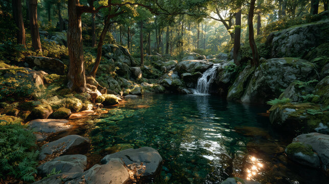 Lush Green Forest Scene with Waterfall and Sunlight in Kikuchi Valley Japan