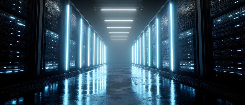 Cinematic shot of futuristic secure servers glowing in dark