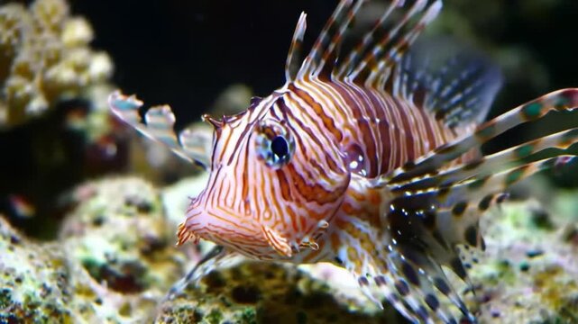 A close-up of a venomous red lionfish with distinctive striped patterns and feathery fins in its coral reef habitat.