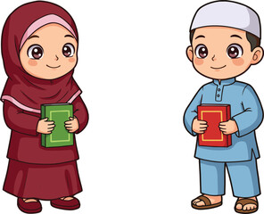 Cartoon Muslim Children in Traditional Clothing Holding Books – Educational and Cultural Vector for Islamic Learning, Diversity, and School Themes