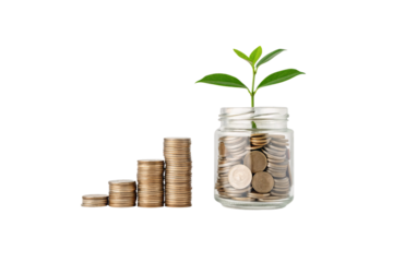Stacked coins beside jar with plant growing from coins, financial growth concept, savings metaphor, investment visualization, isolated on a transparent background