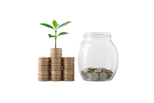 Coin stacks with plant sprouting from top stack, glass jar with coins nearby, growth investment concept, isolated on a transparent background