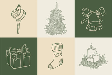 Hand draw vintage Christmas decoration set. Doodle Xmas tree, bauble, stocking, gift box, candle, bell vector illustration. New Year greeting card, invitation, social media