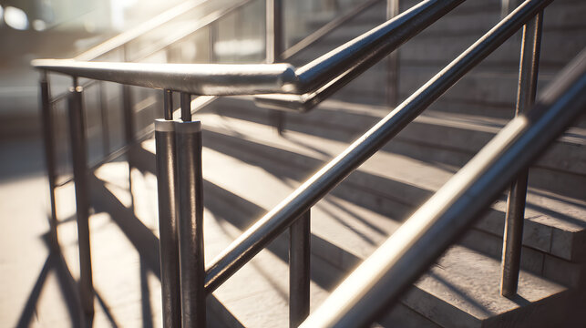 Close-up of modern urban stair railings sunlight