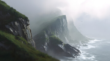 Coastal cliffs with morning mist soft light minimalist