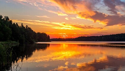 Obraz premium Serene sunset over a tranquil lake (1)