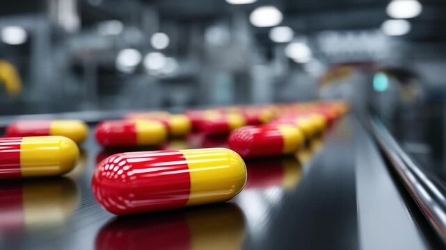 red and yellow capsules on a conveyor belt in a pharmaceutical manufacturing line