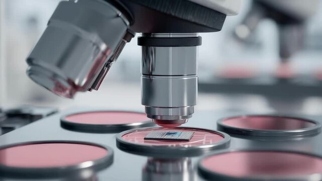 Close-up of a microscope objective focusing on a sample slide on the stage.