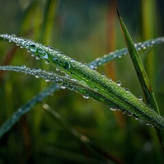 Photo of macro of dew on grass blade soft daylight realistic
