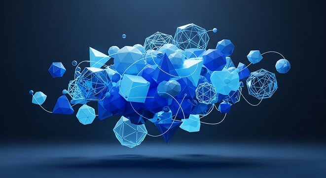 A cluster of blue geometric shapes and wireframe spheres - Powered by Adobe