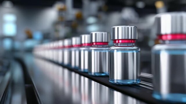 Row of small glass vials with red caps on a conveyor belt in a pharmaceutical manufacturing facility.