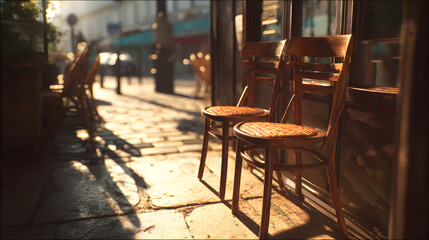 Empty chairs outside street caf sunlight photorealistic --ar
