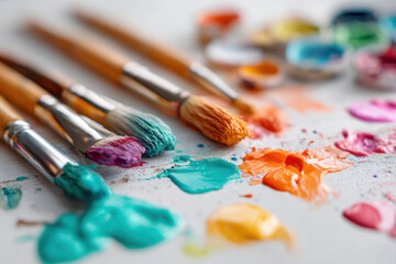 Obraz premium Vibrant paint palette and brushes for artists