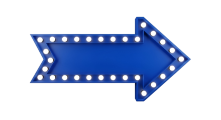 Bright Blue Marquee Arrow Sign with Glowing Bulbs, Pointing Right. Retro Illuminated Directional Indicator for Events, Promotions, and Digital Design on Isolated White Background.
