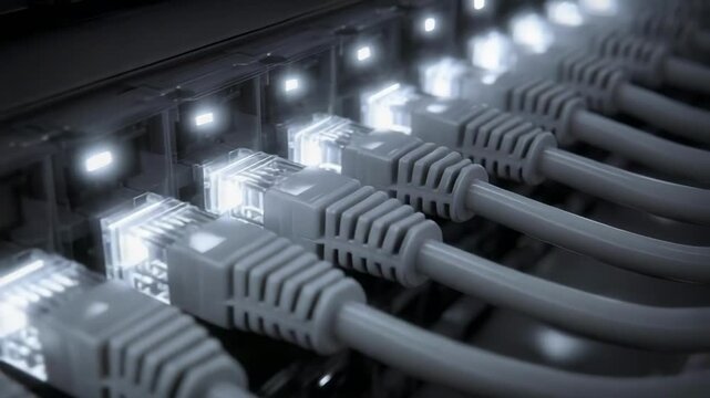 Close-up of multiple Ethernet cables plugged into a network switch/patch panel with glowing LEDs.