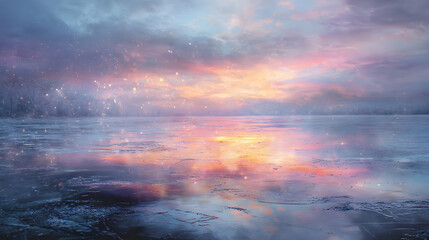 Fototapeta premium Frozen lake with thin glowing ice surreal winter landscape