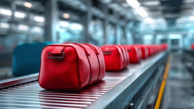 Red suitcases lined up on a baggage conveyor belt in an airport.